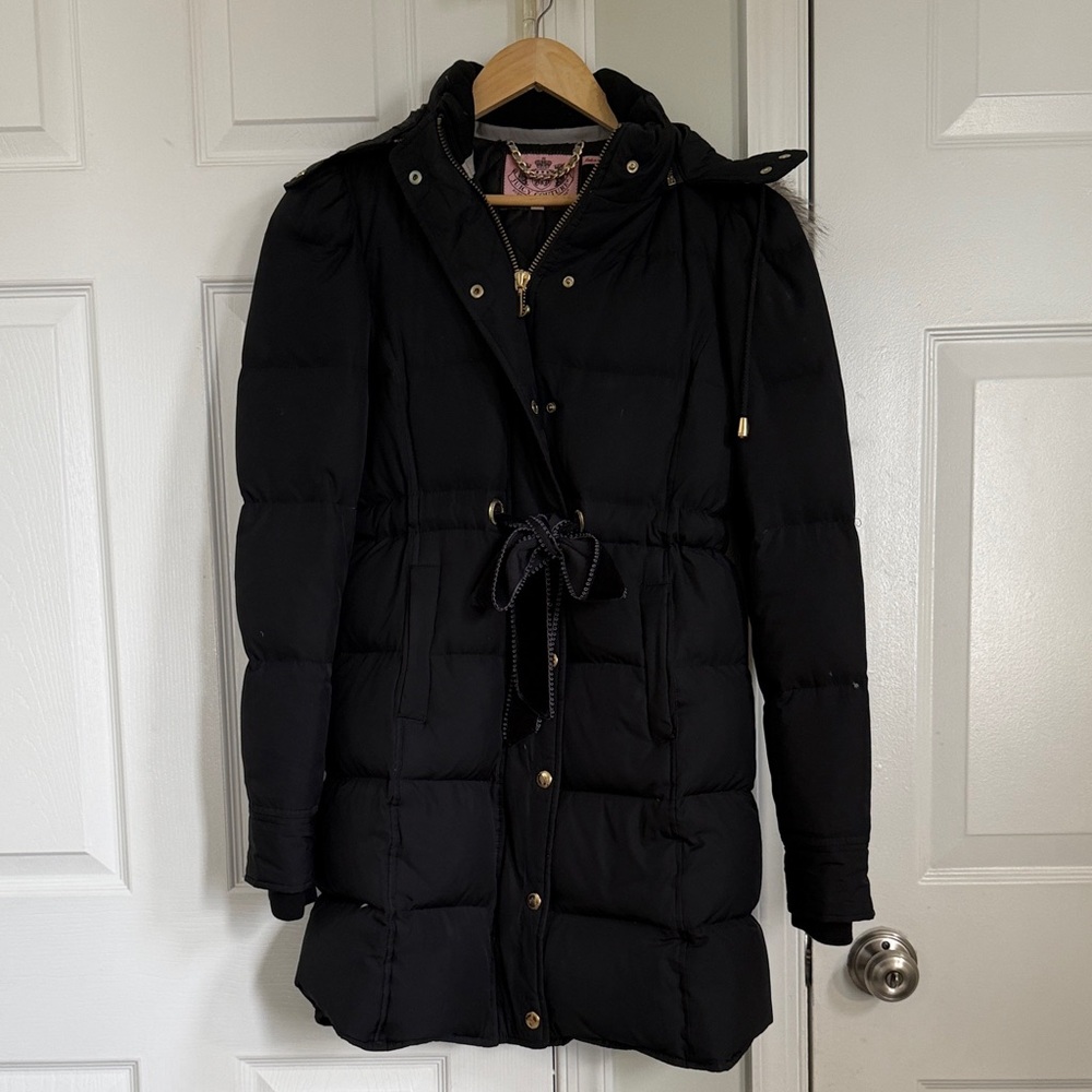 Juicy Couture Black Puffer Coat with Gold Accents with hooded